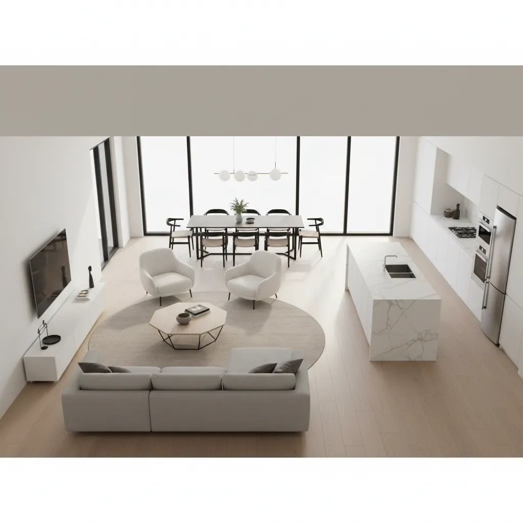 AI optimized open living room and kitchen floor layout visualization
