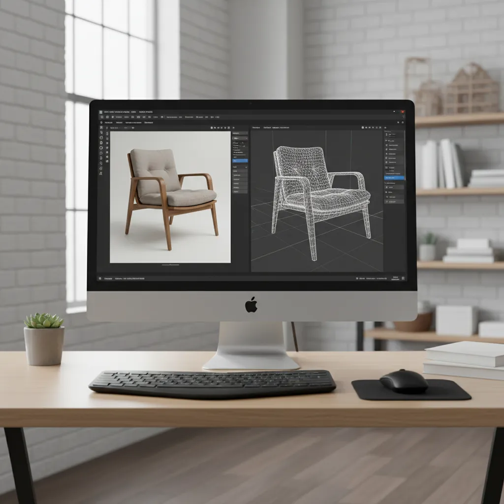 AI converting a single photograph into a 3D mesh model on screen