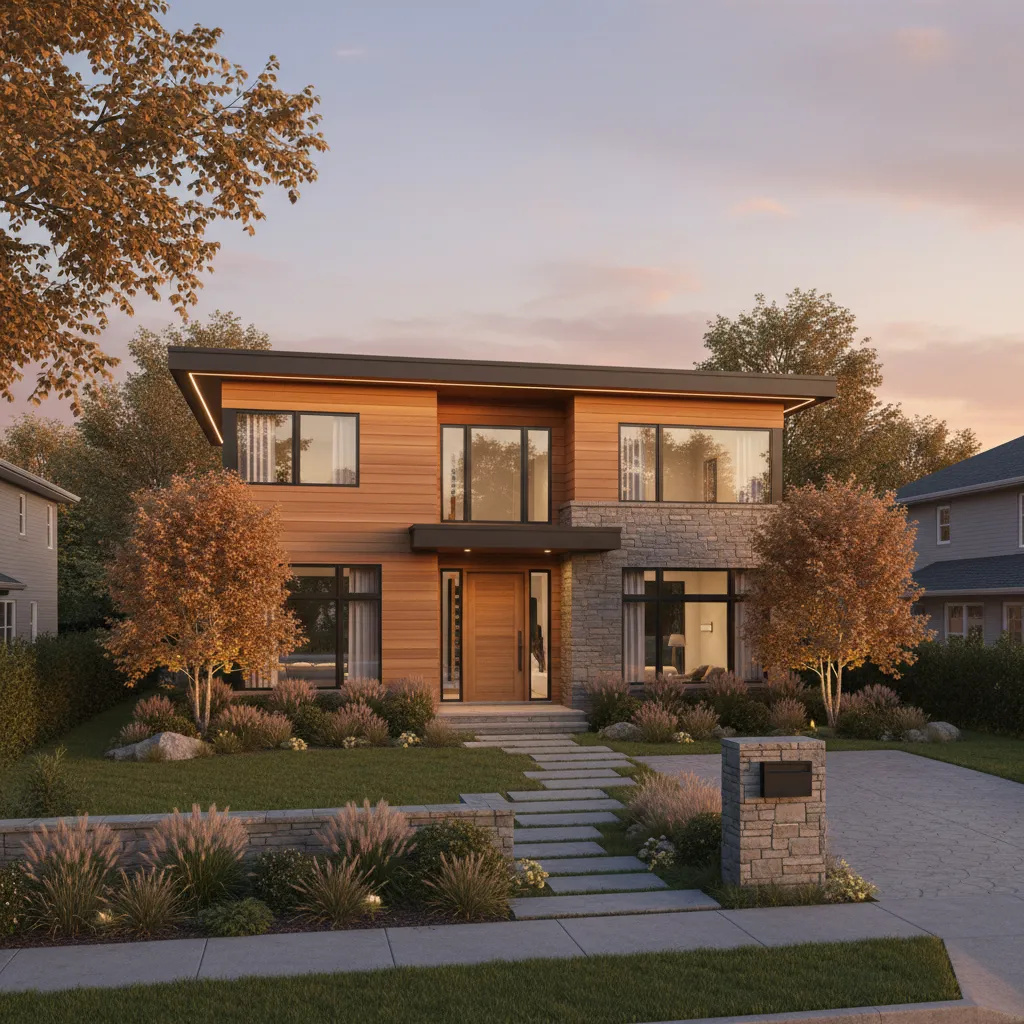 Photorealistic AI generated rendering of a modern suburban house exterior