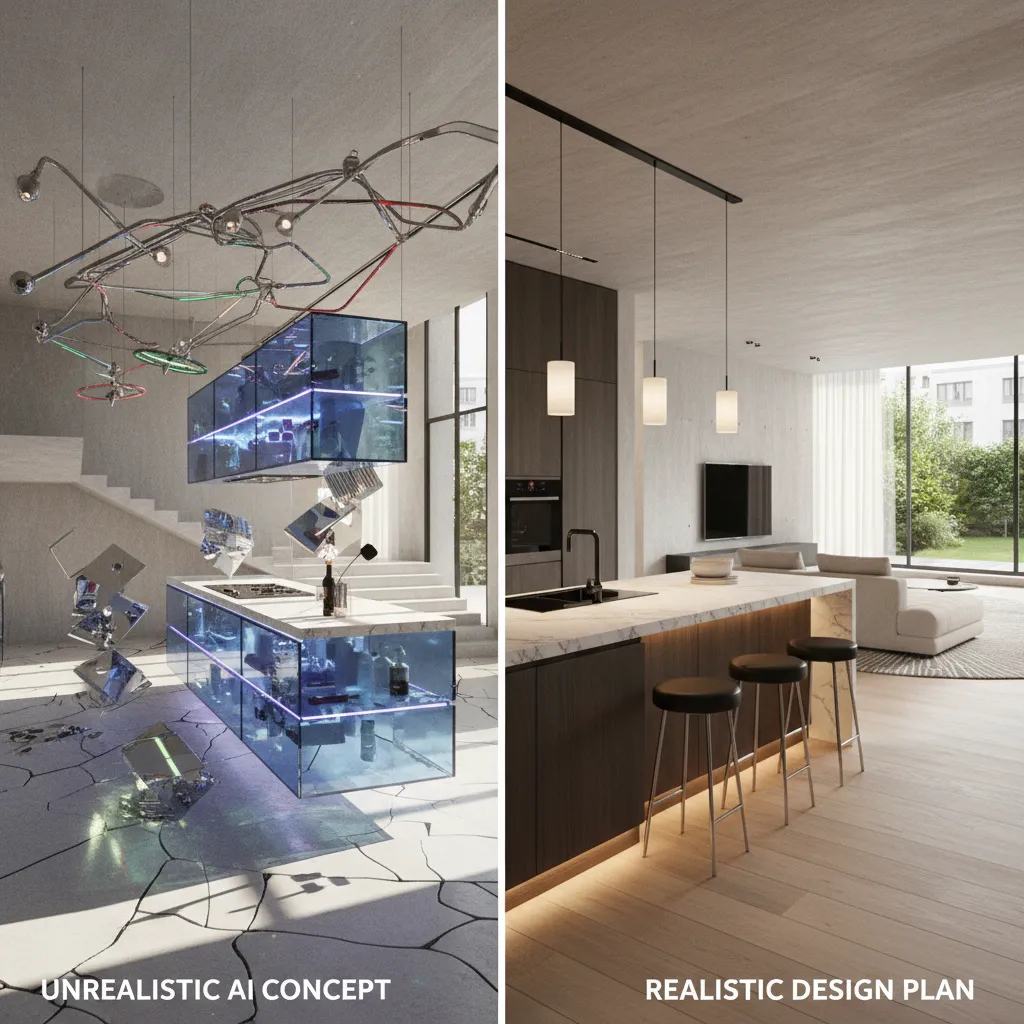 Example of unrealistic AI interior design layout compared with a practical layout