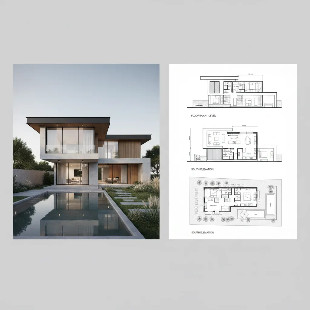 comparison between AI house render and real architectural structure planning