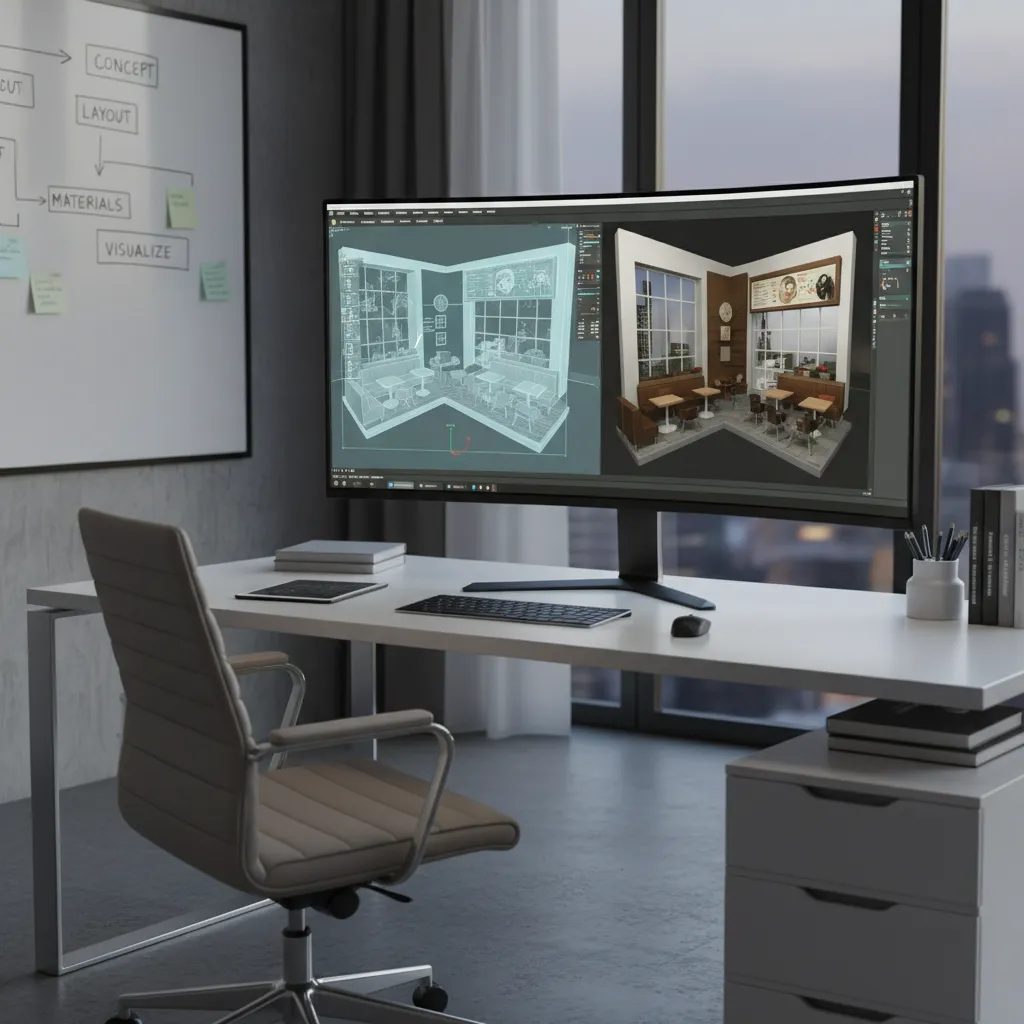 Interior design drawing of restaurant layout shown on a curved computer monitor on white desk