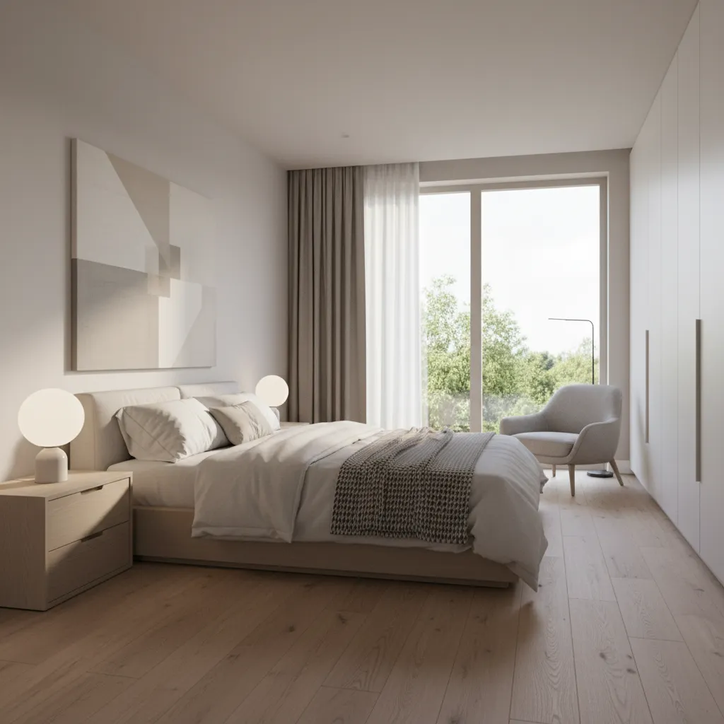 Modern bedroom with light wood floors white bed bedside tables lamps and a grey chair