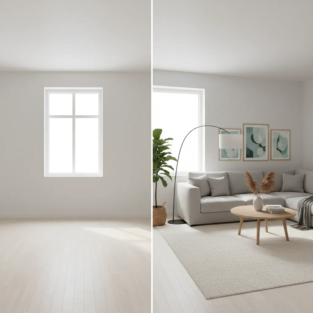 Example of AI transforming a simple living room photo into a styled interior design concept