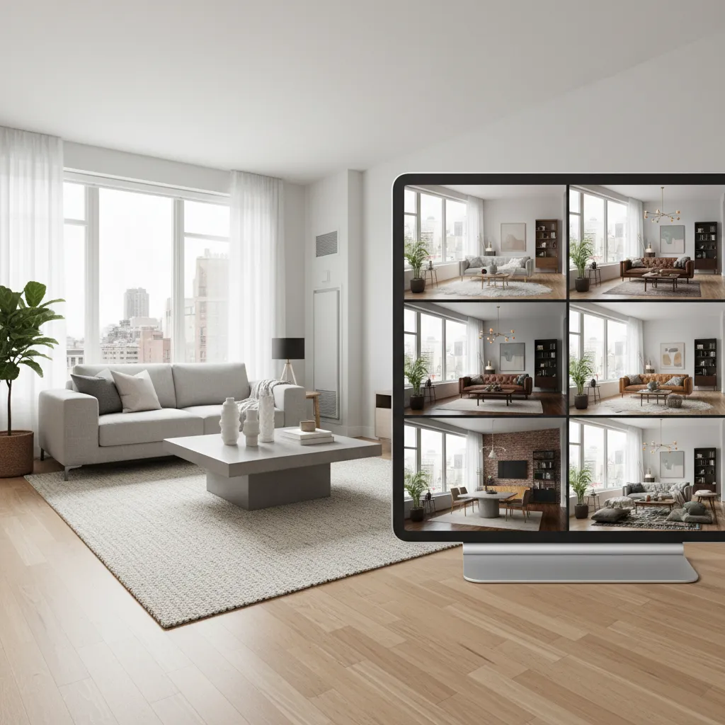 AI generated interior redesign concepts displayed next to a real living room photo