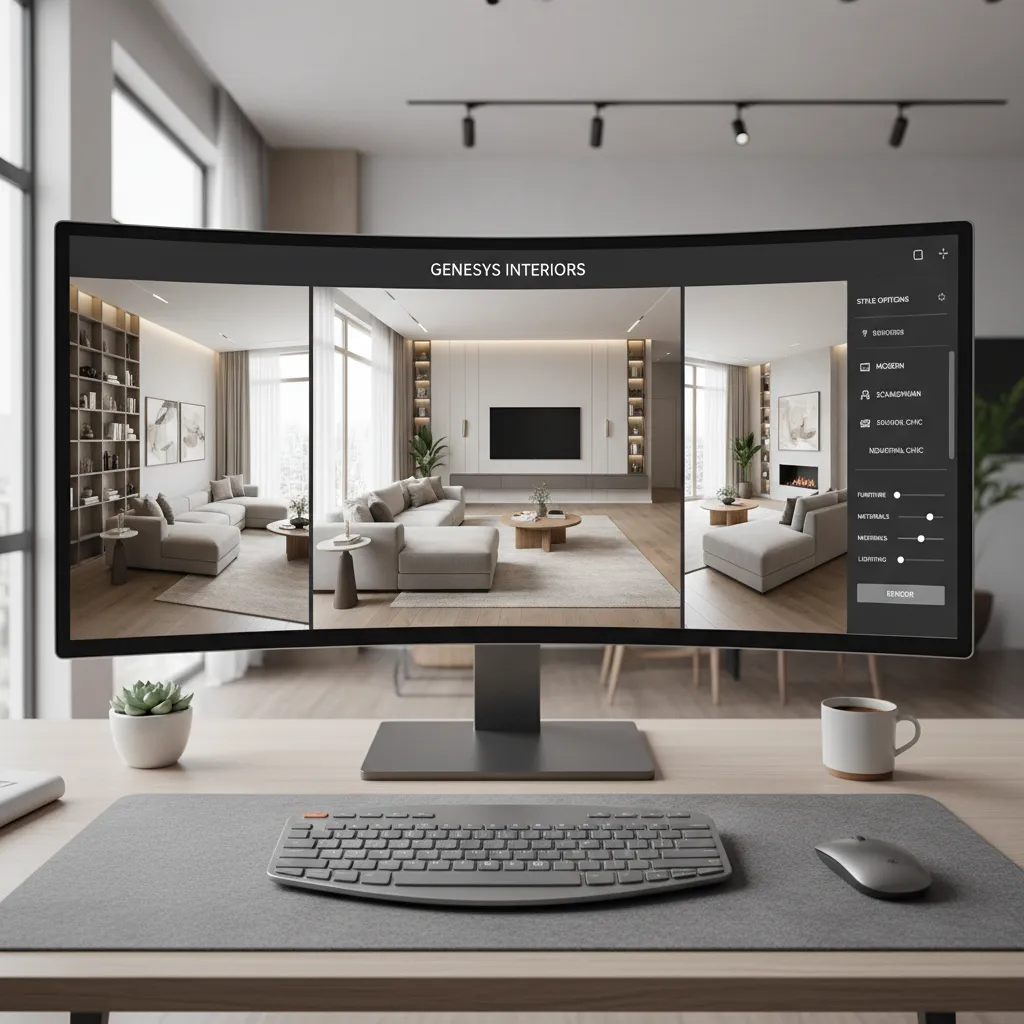 Interfaz de aplicación de diseño de interiores mostrando una sala generada por inteligencia artificial