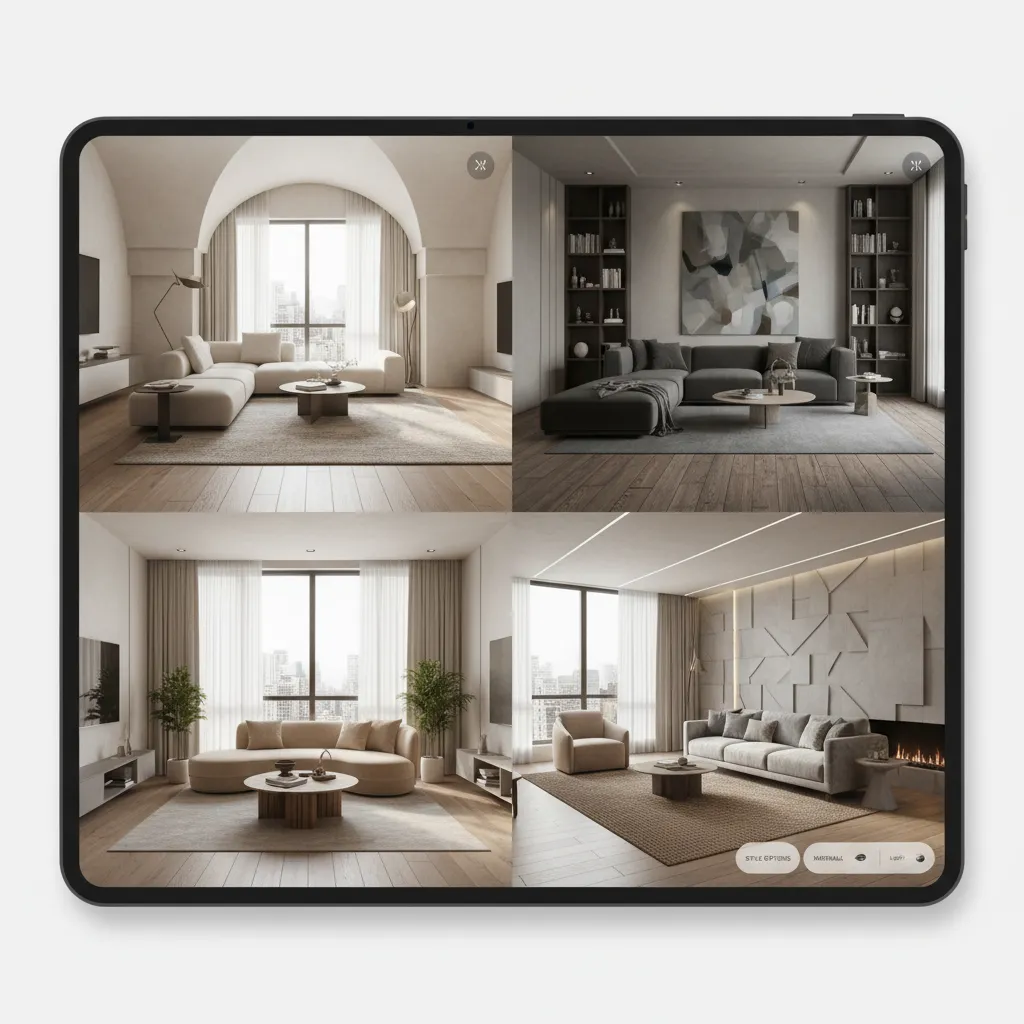 Tablet screen showing four different living room interior design options in a clean grid layout