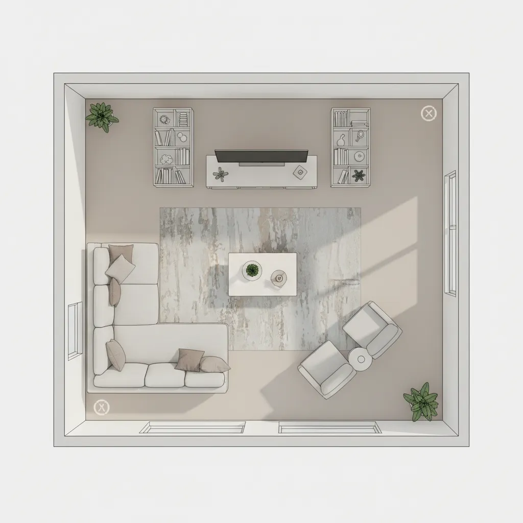 Top down interior design drawing of living room with white sofa rug and wooden table