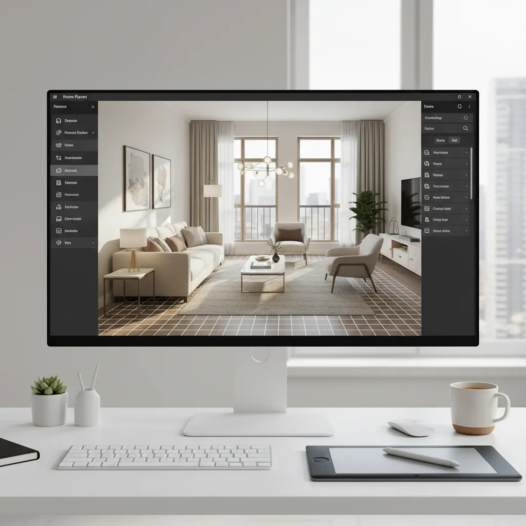 Interfaz digital mostrando la distribución de una sala con muebles en 3D