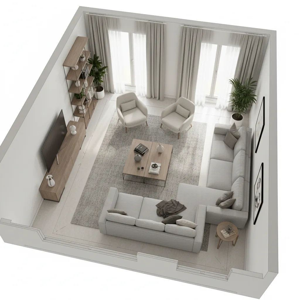 AI optimized living room layout with improved furniture placement
