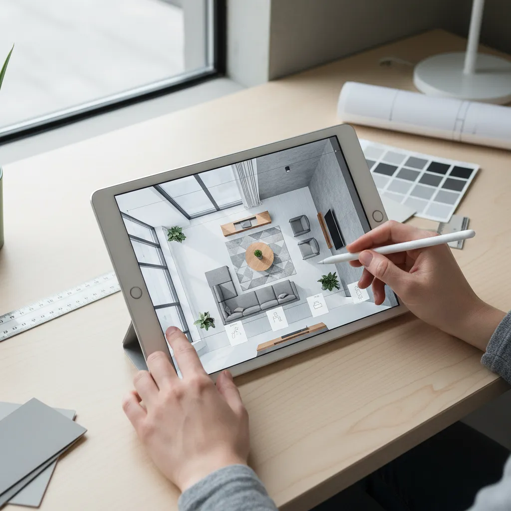 planificación de distribución de muebles en una sala usando una aplicación digital