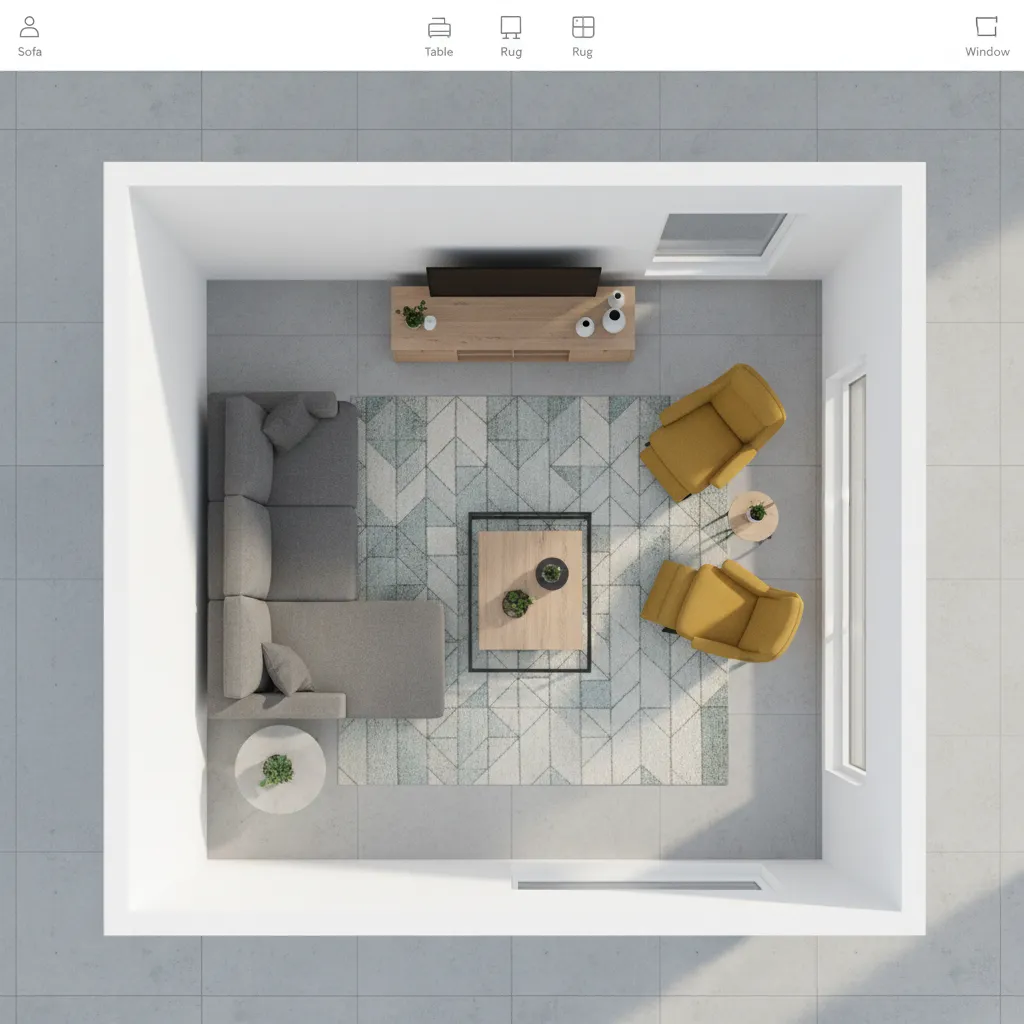 Plano digital de una sala con distribución de muebles creada con software de diseño