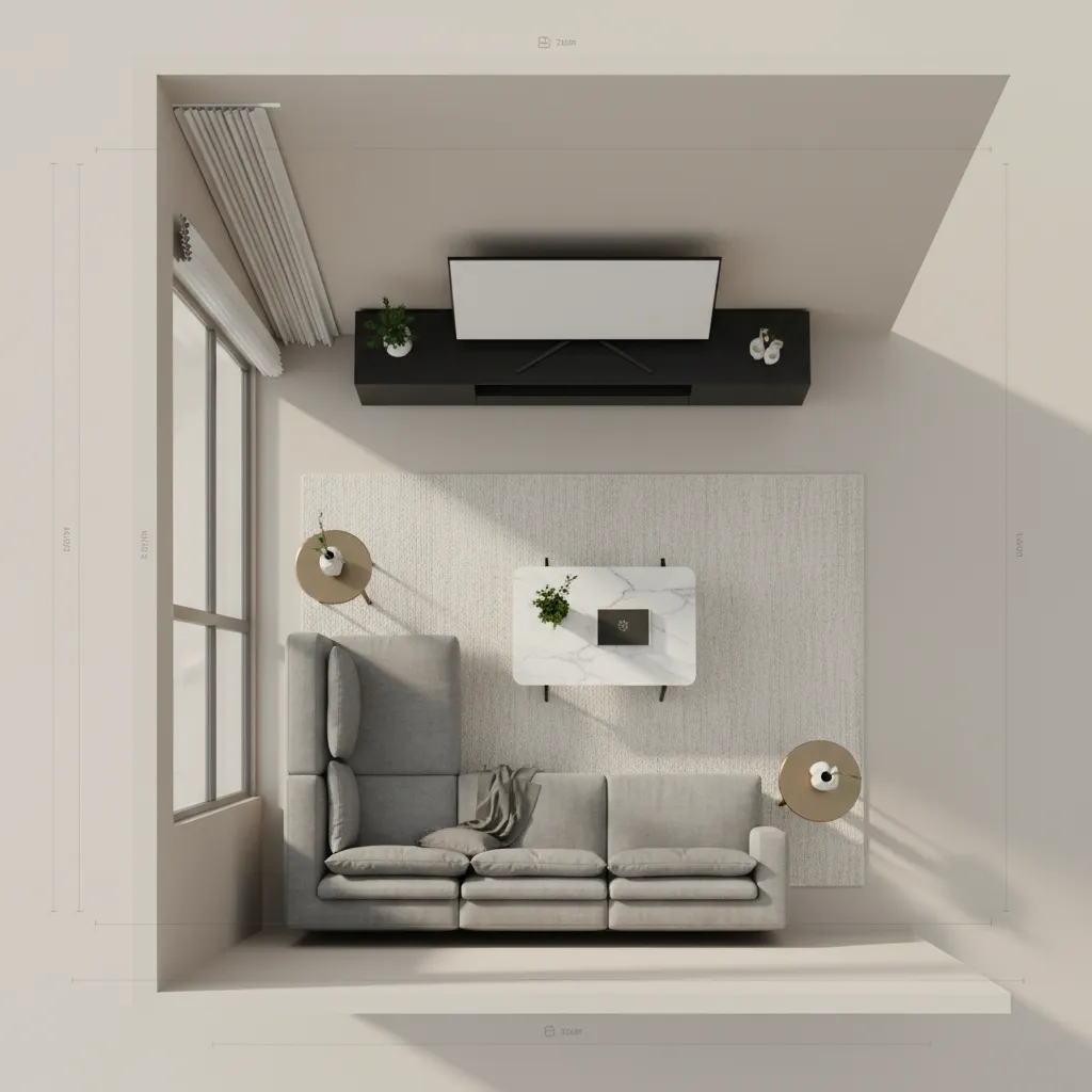 Top down room layout showing grey sofa white rug coffee table and television on black cabinet