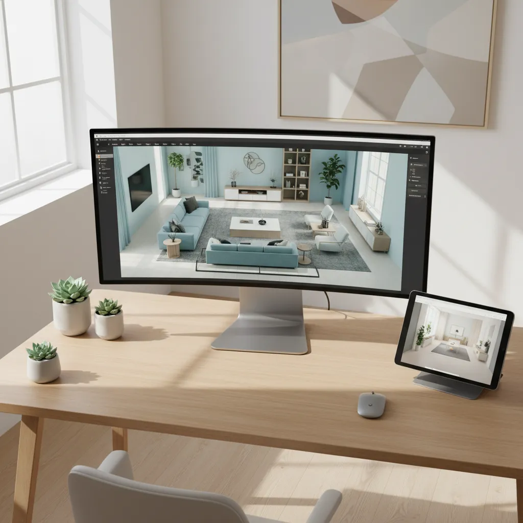 Workspace with computer monitor and tablet displaying living room interior design drawing on wooden desk
