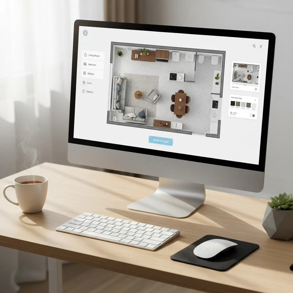 Interfaz de aplicación de diseño interior generando distribución automática de muebles