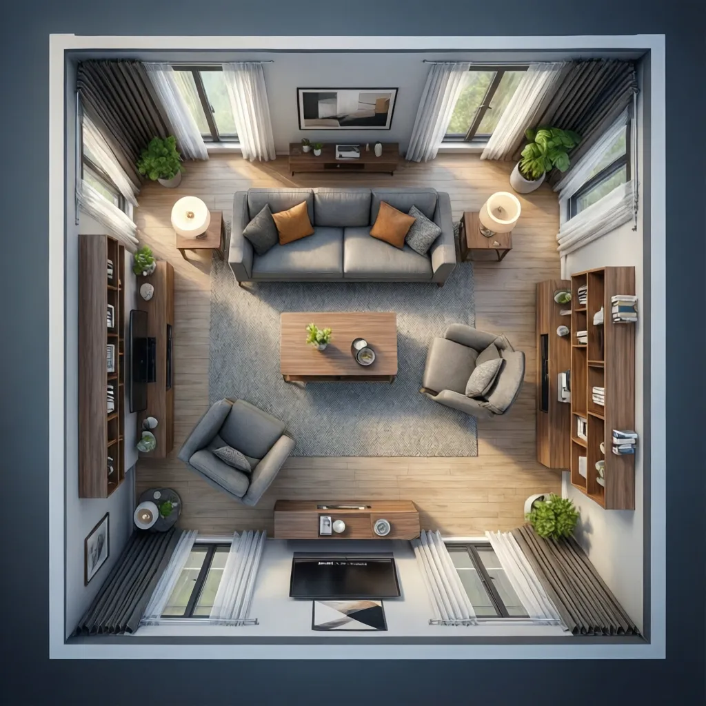 Planificación digital de la distribución de un salón con muebles en 3D