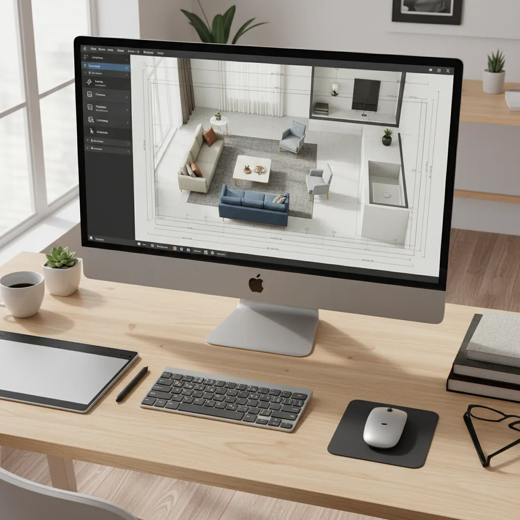 Computer monitor showing Coohom interior design editor with a living room layout and sofa furniture