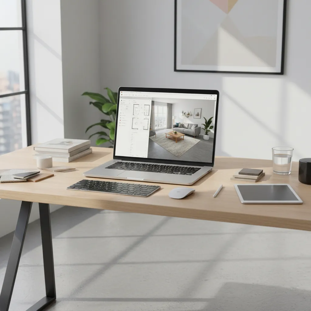designer using AI room layout planning software on laptop with living room floor plan