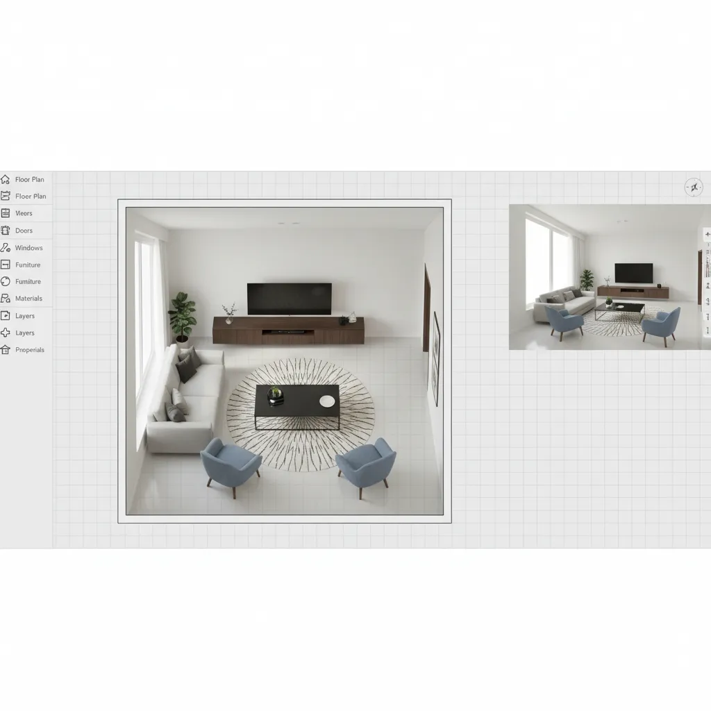 3D home layout planning interface with furniture placement