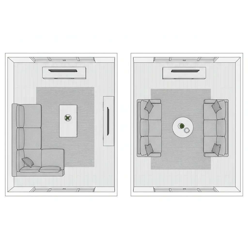 Multiple living room layout variations generated by AI planning software