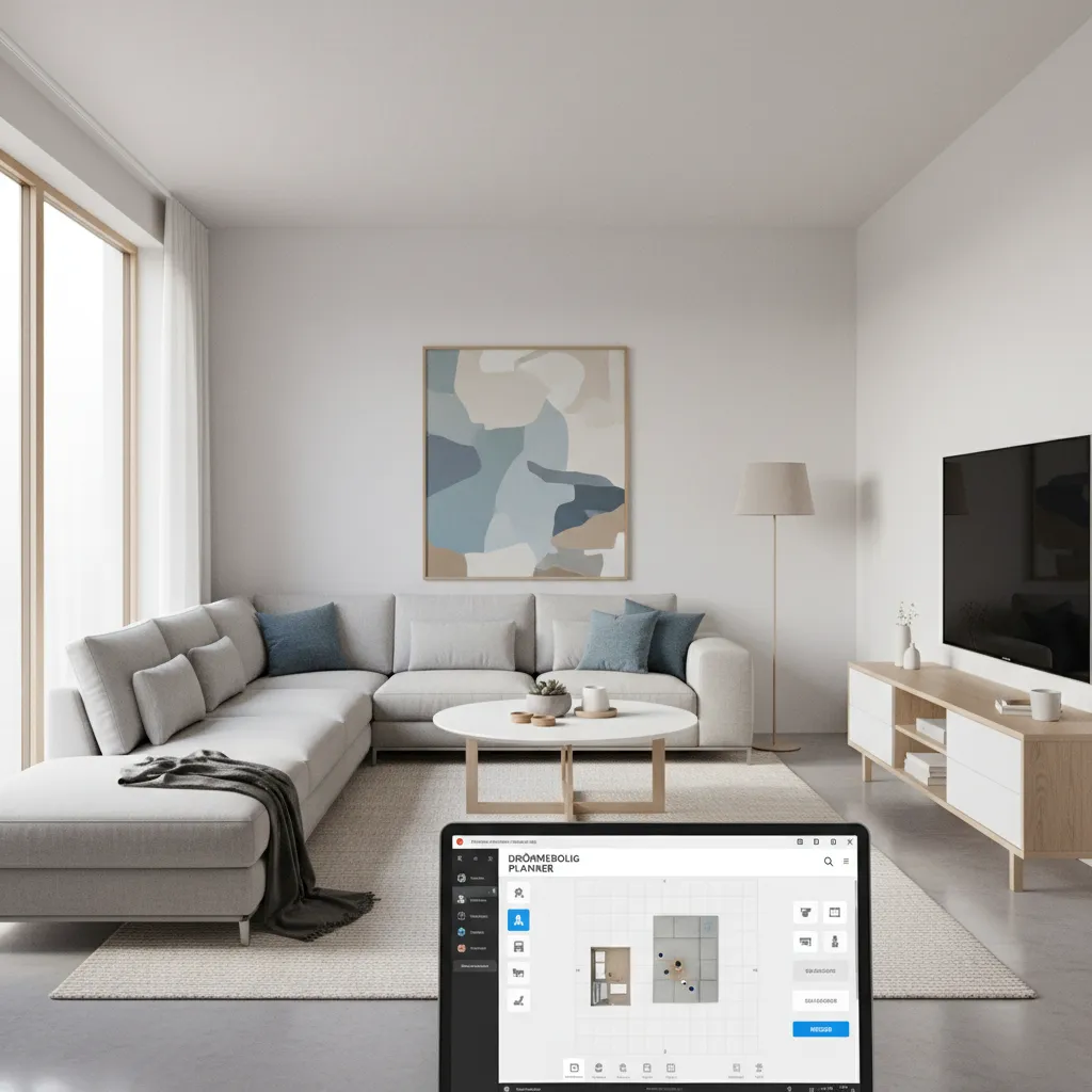 AI generated living room layout preview on screen with furniture placement