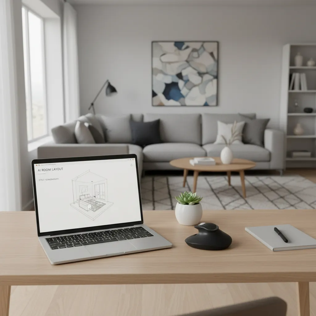 Designer reviewing AI generated living room layout on a laptop