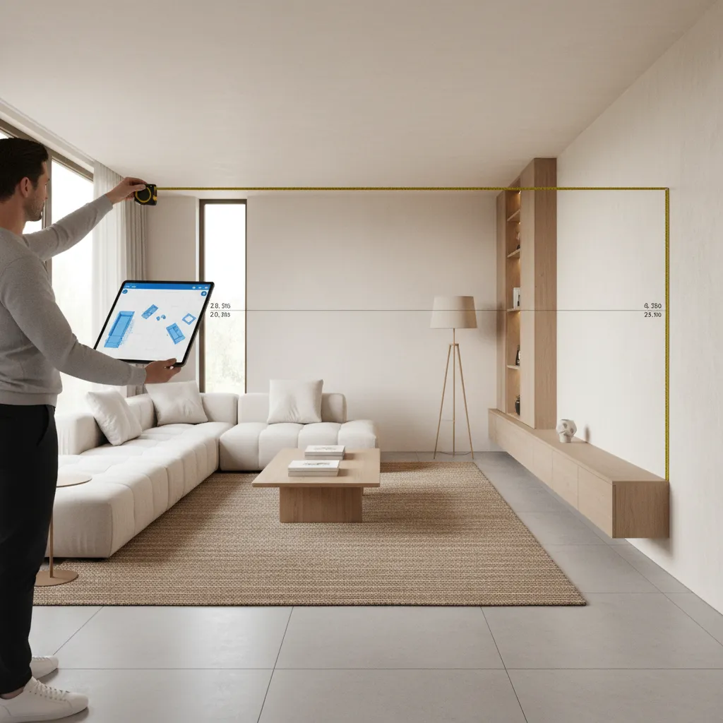 person measuring living room walls before entering data into AI room planner