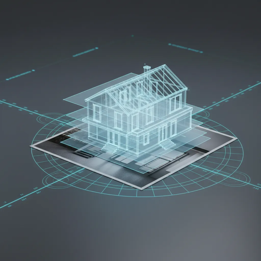 Concept visualization of AI reconstructing 3D geometry from a single image