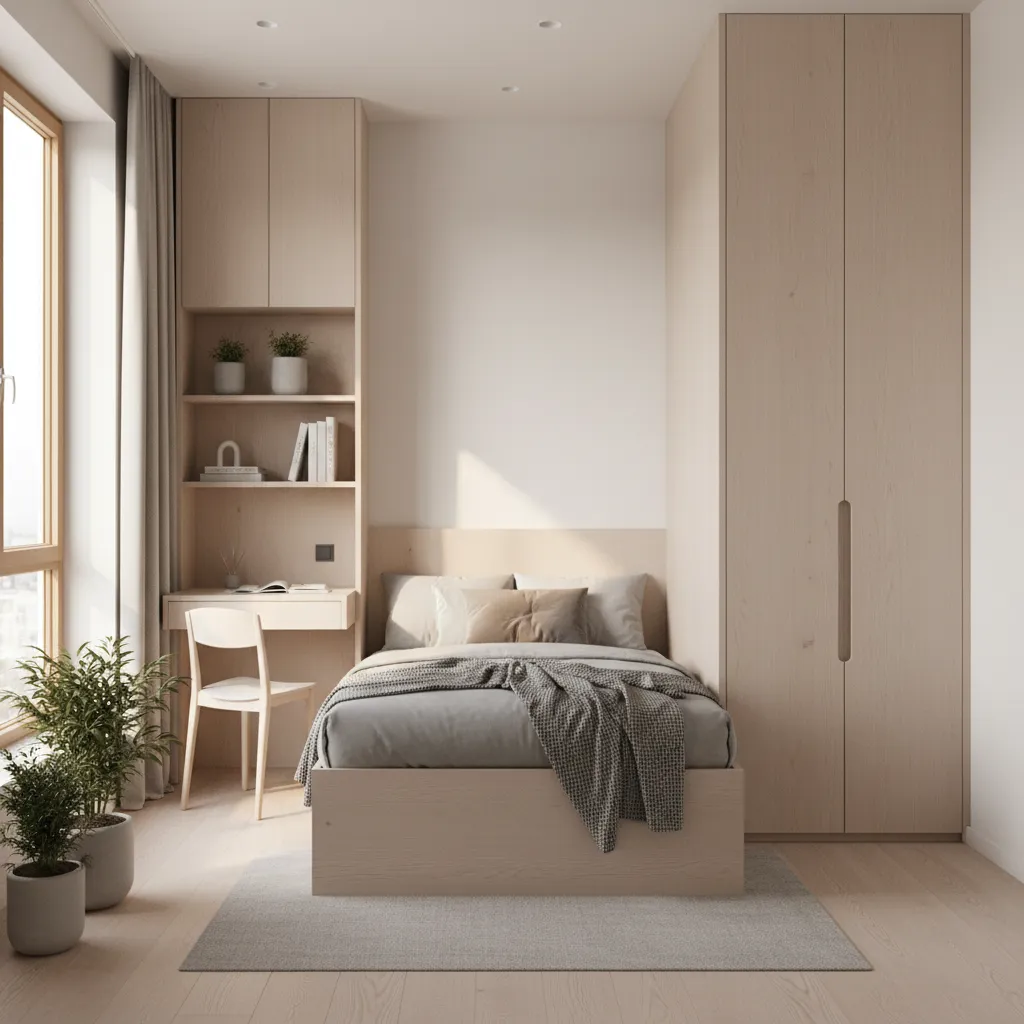 AI optimized small bedroom layout with smart furniture placement