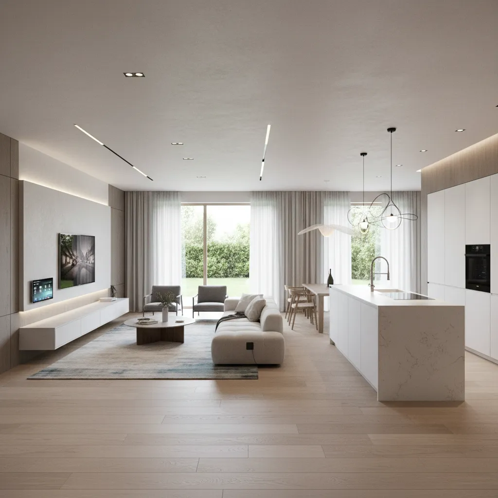 open concept smart home living room and kitchen designed for automation and sensor visibility
