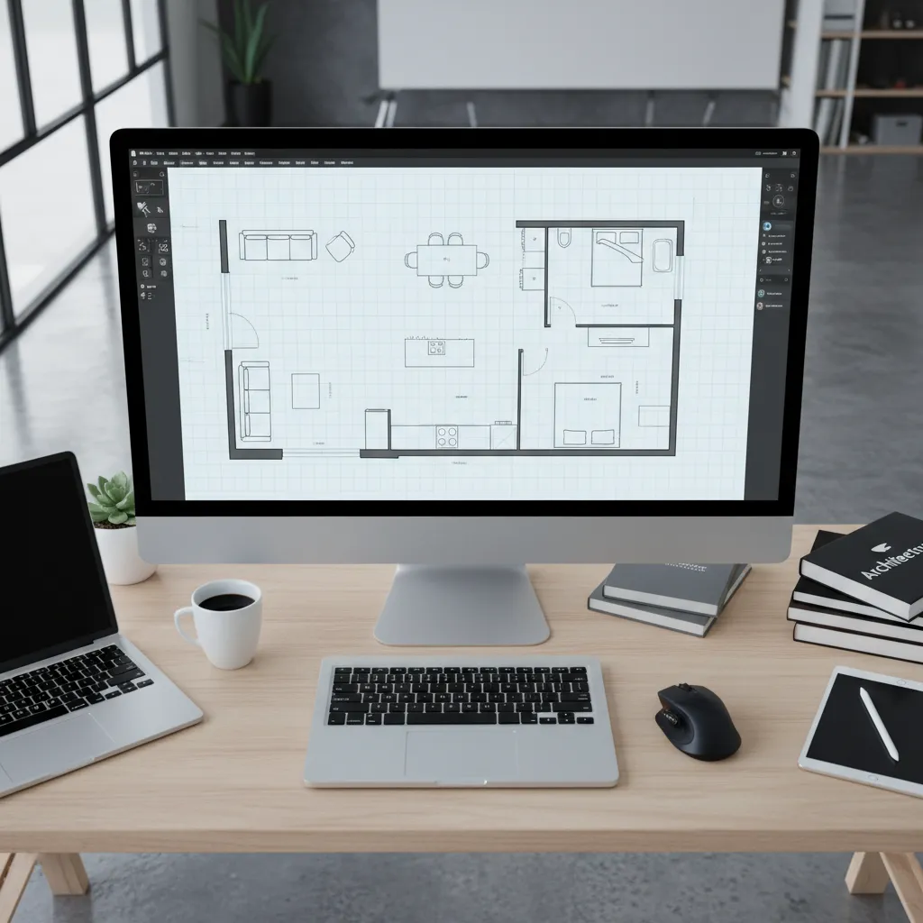 Computer screen showing a 2D floor plan layout on a desk with laptop and coffee