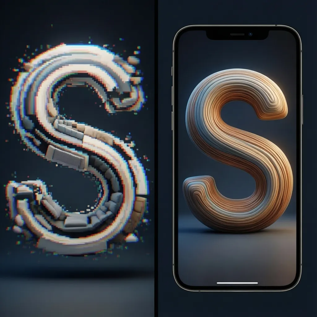 before and after enhancement of a low quality S letter wallpaper