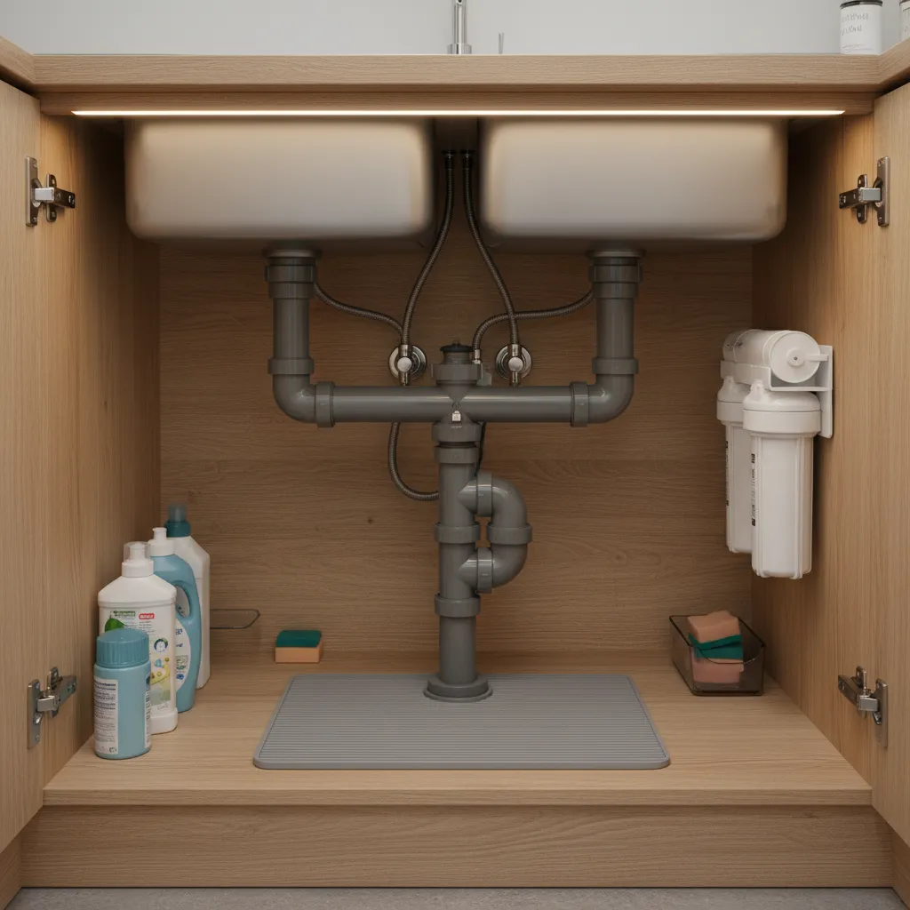 Air admittance valve installed on vertical pipe under a kitchen sink cabinet