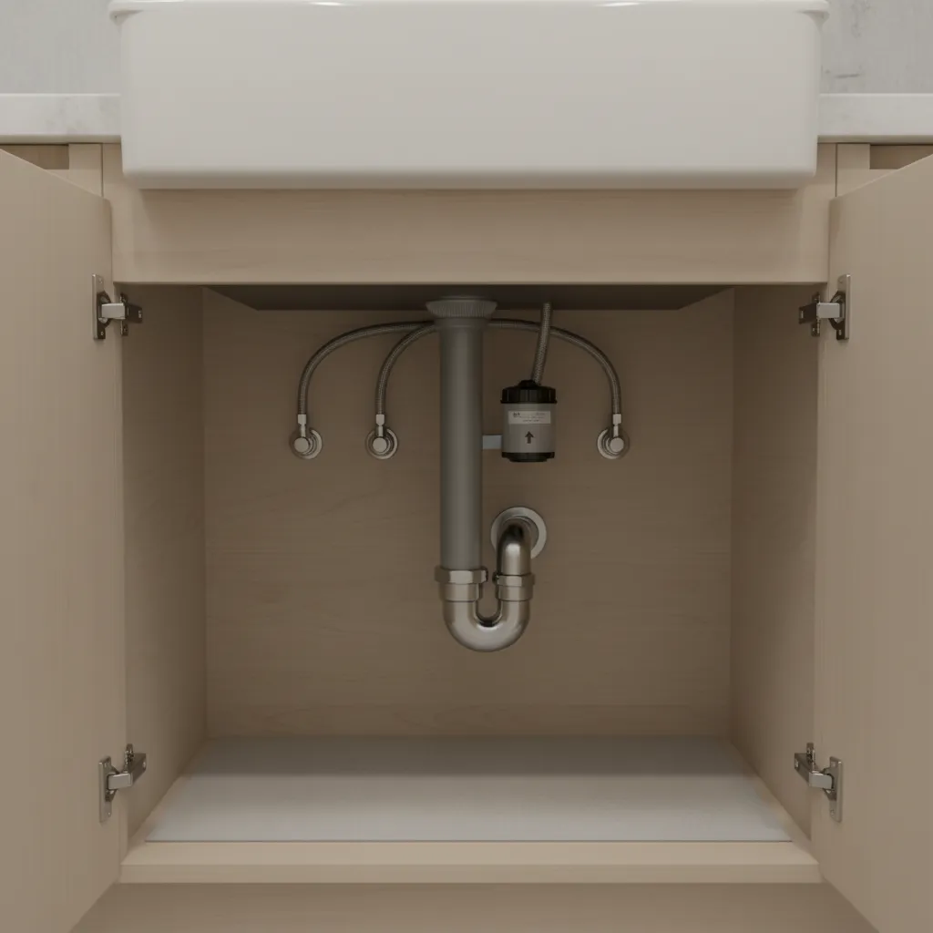 Air admittance valve installed on vertical pipe under a kitchen island sink