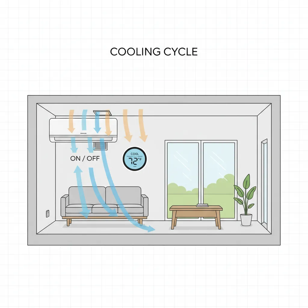 Diagram showing oversized air conditioner short cycling in a small house