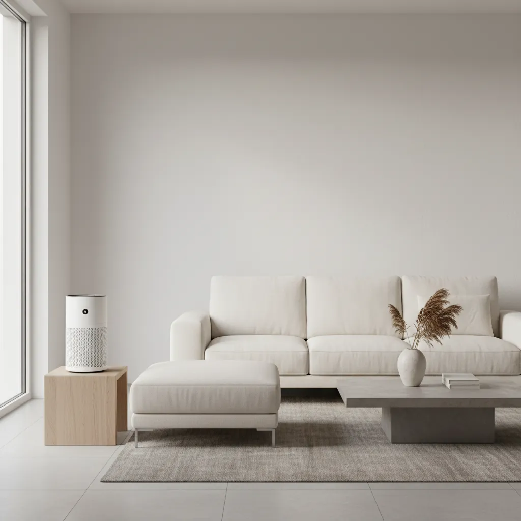 portable air purifier operating in a modern room after painting