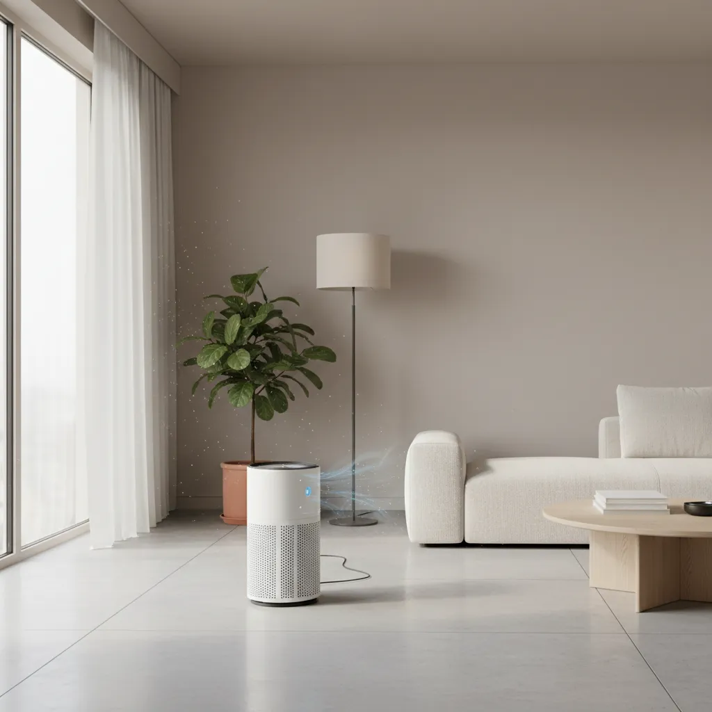 Air purifier operating in freshly painted room to remove paint fumes