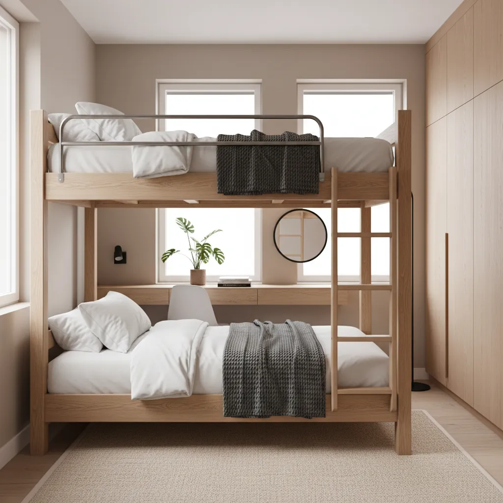 Airbnb rental bedroom with bunk beds and compact furniture