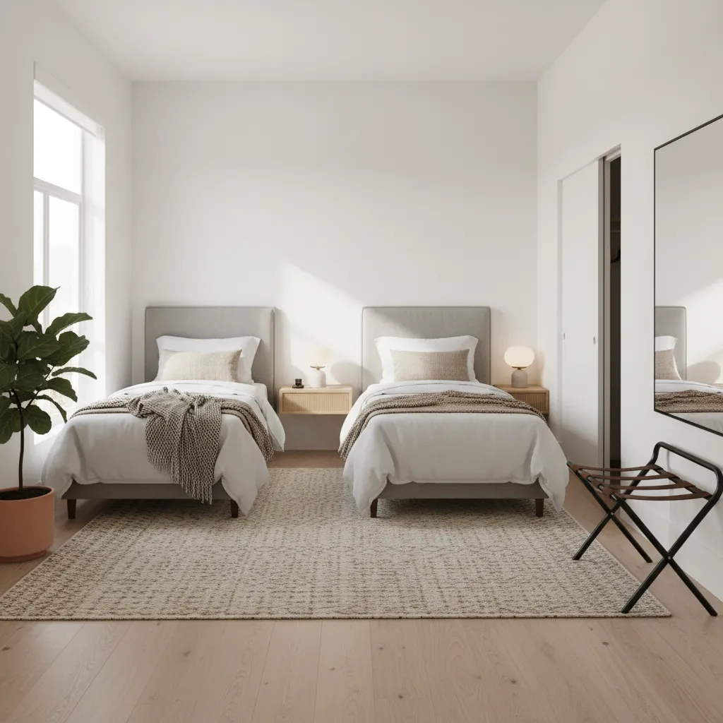 Airbnb style guest bedroom with two twin beds and luggage area