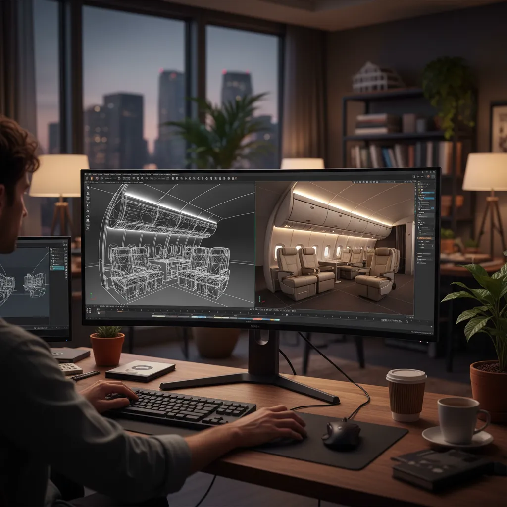 Designer using interior design drawing software on wide monitor to create an aircraft cabin layout