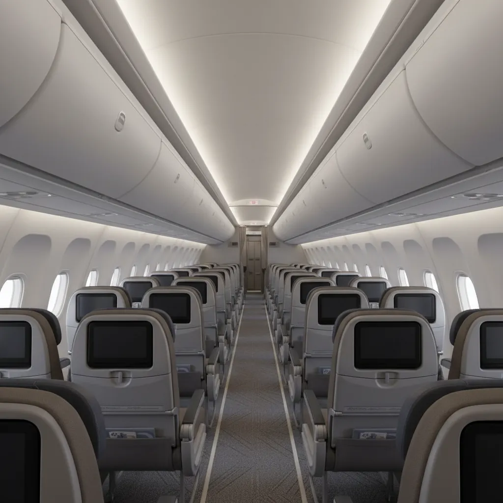 Modern aircraft cabin interior with grey passenger seats including screens plus overhead storage and lighting