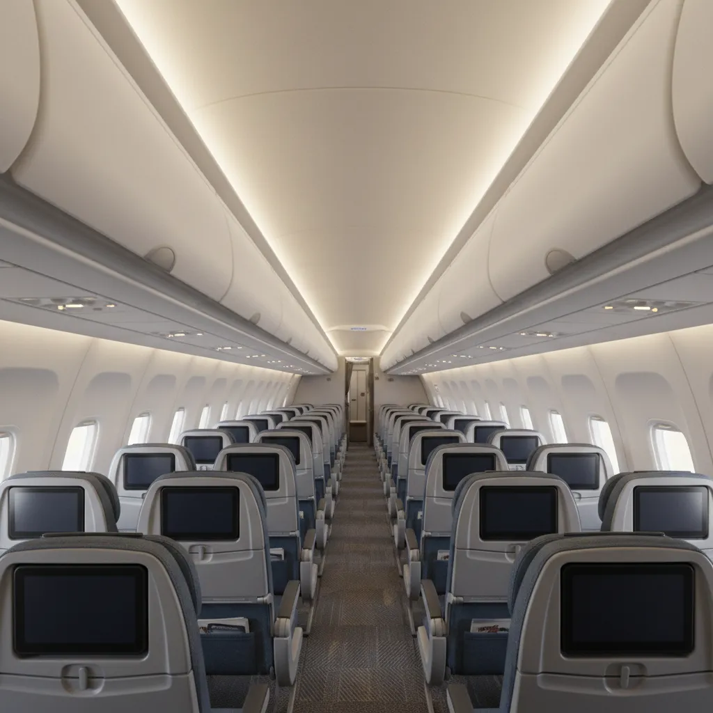 commercial airplane cabin interior showing multiple seat rows and aisle perspective