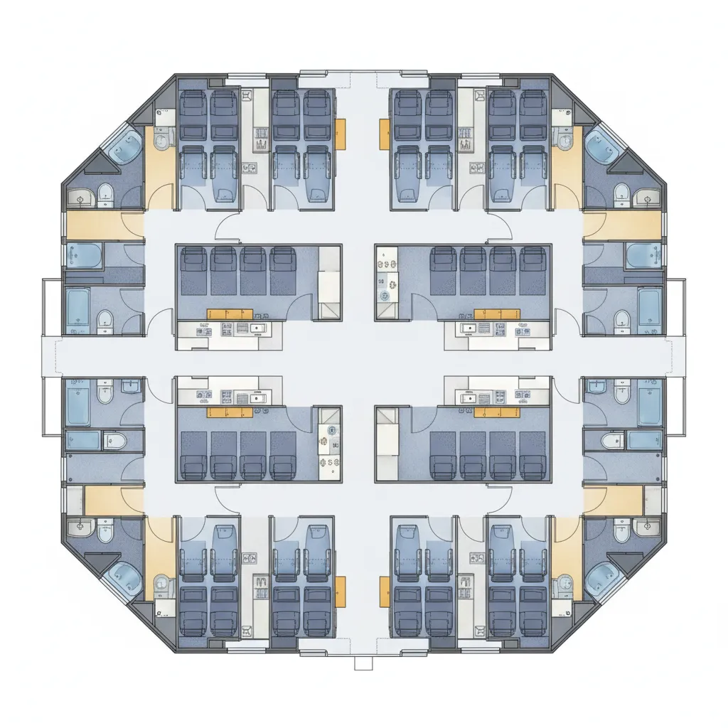Aircraft cabin floor layout diagram showing seating zones and circulation