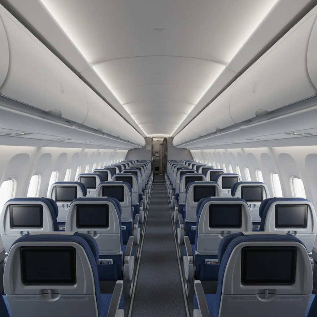 Wide view of modern airplane cabin showing seating rows and aisle layout