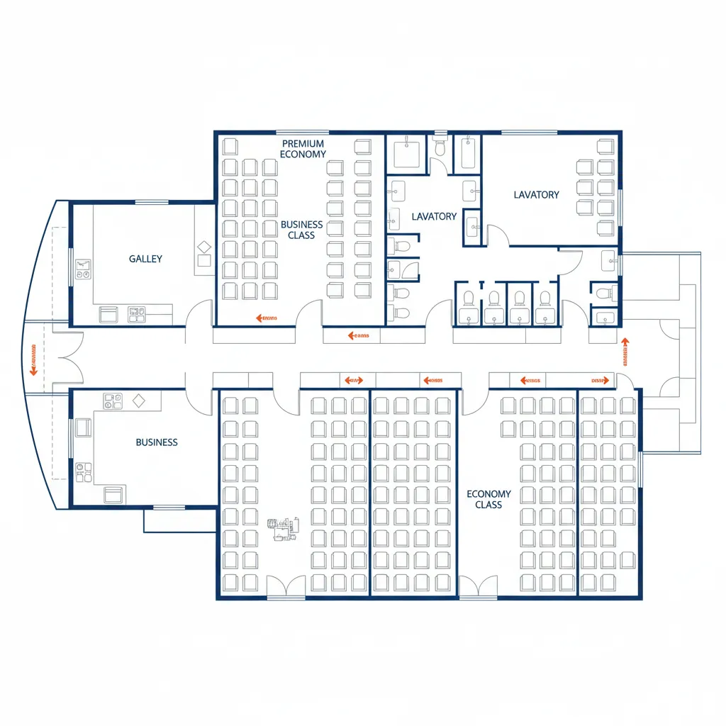 Aircraft cabin floor plan showing galley and lavatory placement