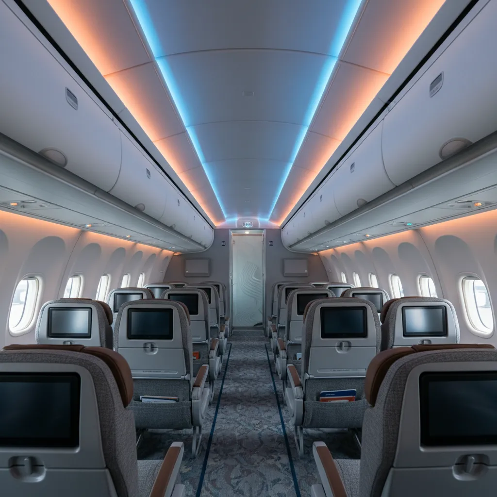 Aircraft cabin interior with grey passenger seats plus blue and orange ceiling lights and windows