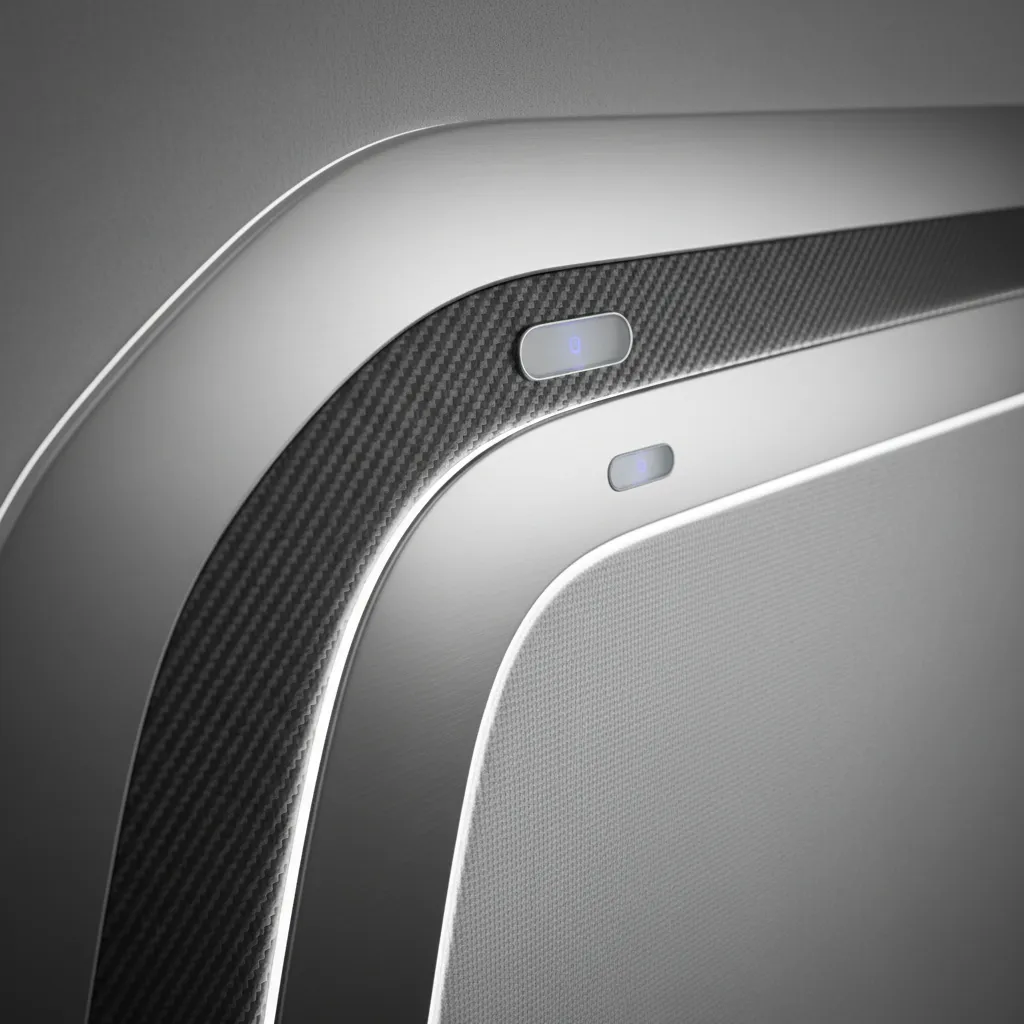 Close up of a curved wall panel with carbon fiber texture and blue light buttons