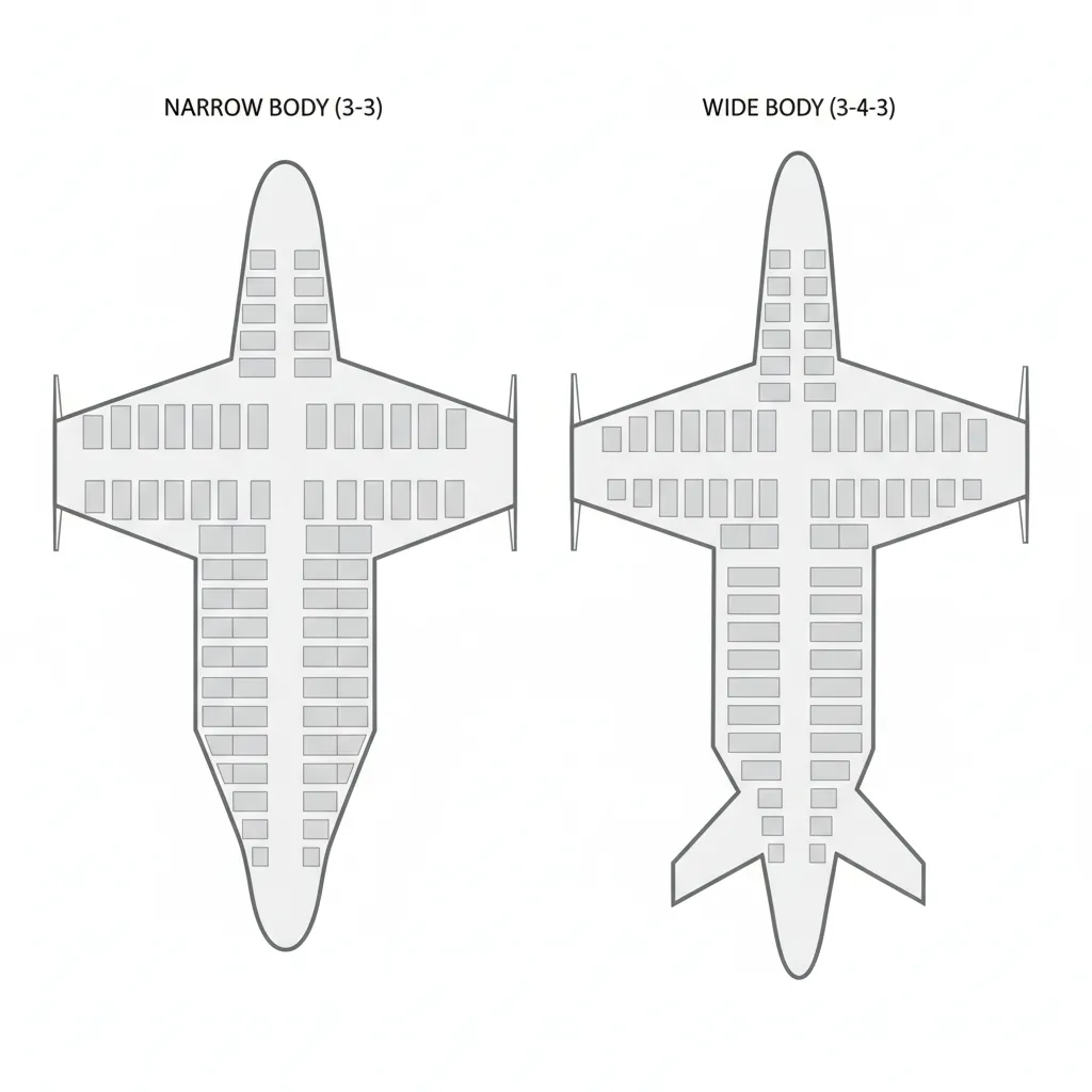 Diagram comparing aircraft seating configurations 3-3 and 3-4-3