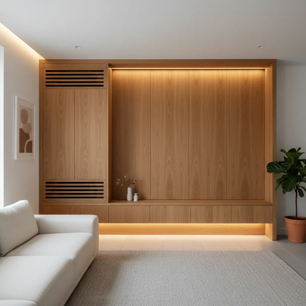 Aire acondicionado integrado dentro de un panel de carpintería en salón moderno
