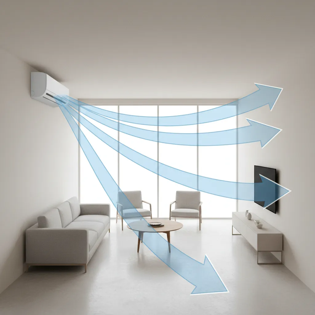 Diagram showing airflow direction from air conditioner across a room